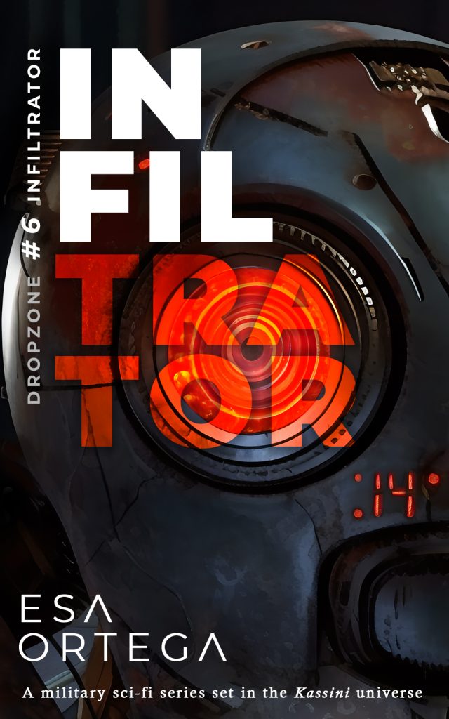 The cover image of Infiltrator, Dropzone book six, featuring the malevolent red eye of a battle robot behind the text